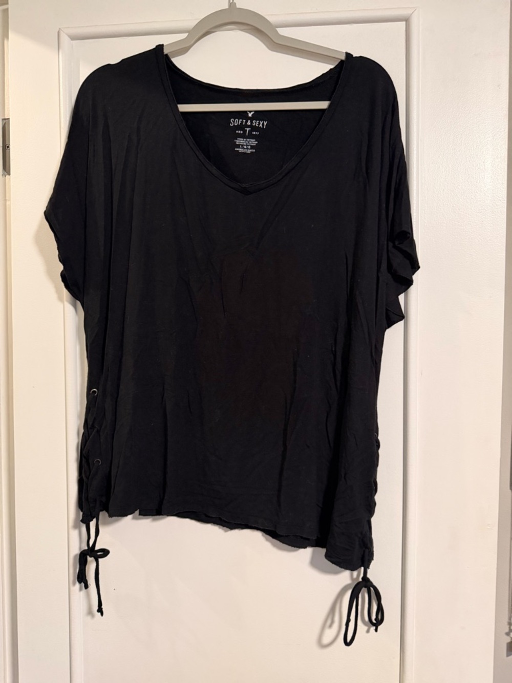 American Eagle Outfitters Black V-Neck Short Sleeve Tee with Side Ties